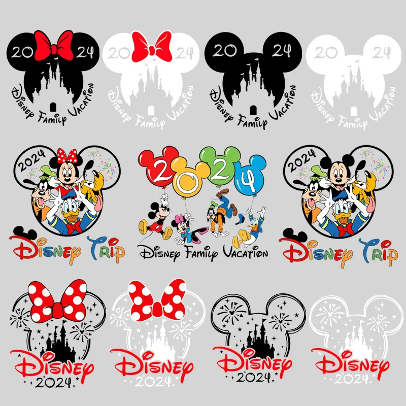 2024 Mickey Minnie Mouse Family Trip Cartoon Patches for Clothes Heat Transfer Stickers DIY T shirt Iron on for Women Appliqued