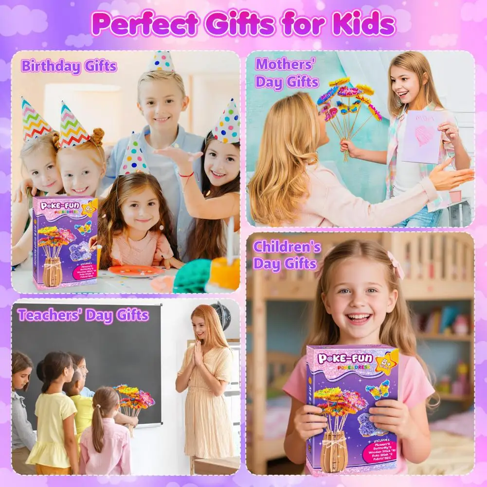 1 Set Poke Art Flower Bouquet Kit With Butterfly Wooden Vase Handmade Flower Making Toy Toddlers Floral Bouquet Arts Crafts Toy