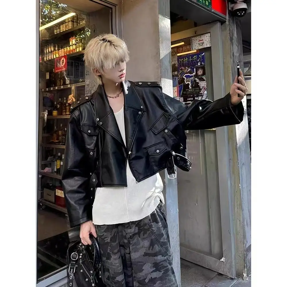 Black Short Biker Leather Jacket for Men - Oversized Rivet Utility Jacket Cleanfit American High Street Motorcycle Style