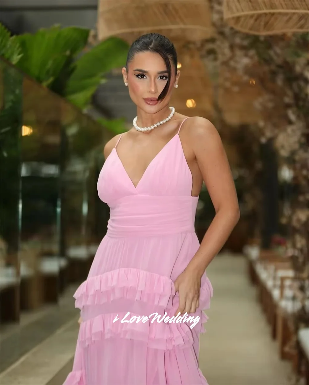 Pink Spaghetti Strap Prom Dresses Chiffon V-Neck A-Line Ruffles Backless Sleeveless Multi-Layered Floor-Length Pleated Customize