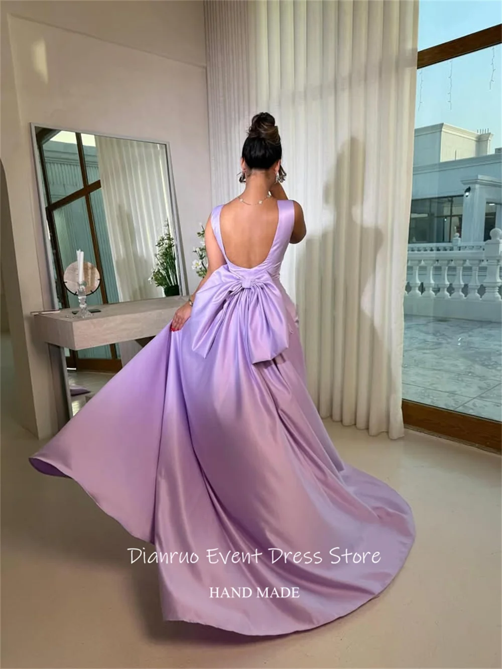 Dianruo Straight Backless Round Neck Evening Dresses 2025 Back Bow Formal Prom Gown Train Style Chic Summer Dresses Customized