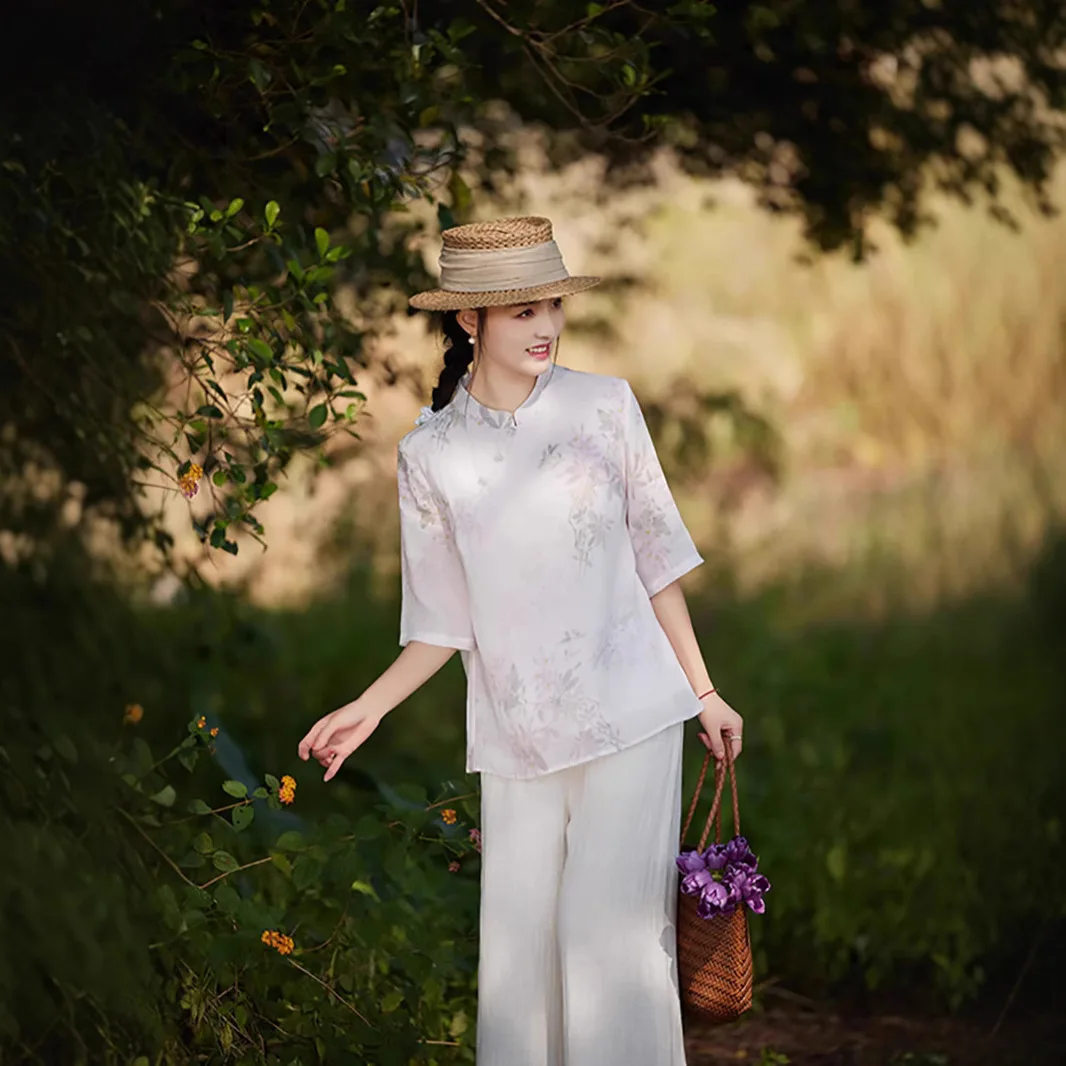 

Chinese style retro niche unique design stand-up collar button shirt ramie printing loose top women's fashion casual versatile s