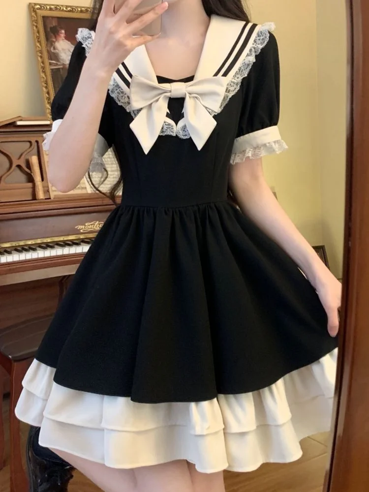 

Preppy Style Sailor Collar Mini Dress Summer Stylish Lace Spliced Sweet Bow Ruffles Female Clothing Thin A-Line Waist Dresses