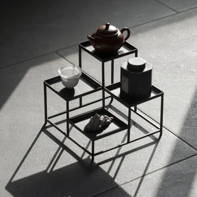 Handmade Wrought Iron Tea Set Display Rack for Teapot and Cup Storage Bogu Shelf Artistic Tea Room Decor Organizer Stand