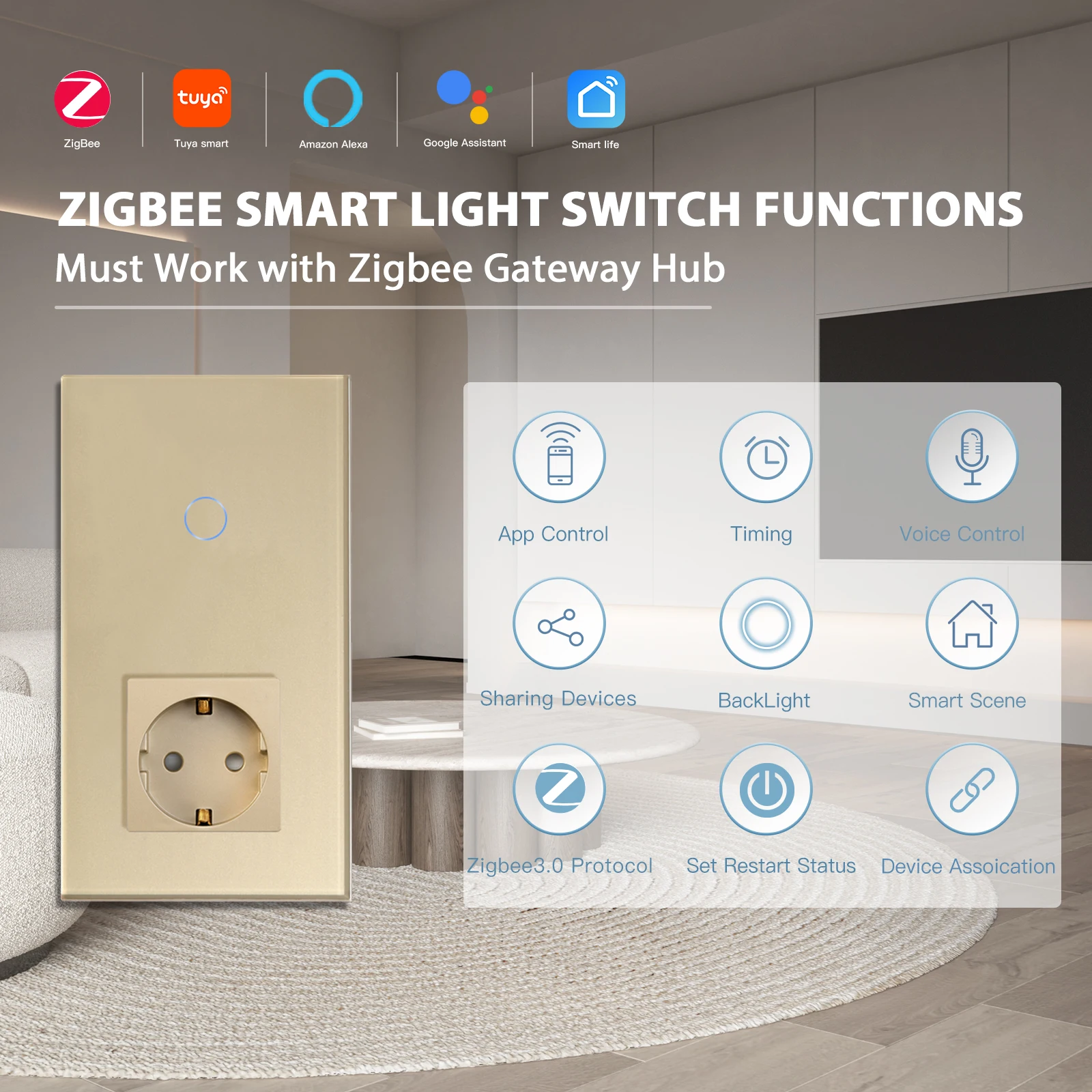 BSEED Zigbee 1/2/3Gang Wall Smart switches 1/2/3Way Light Touch Switch with Typ-C USB EU Sockets Tuya Smart Life App Control