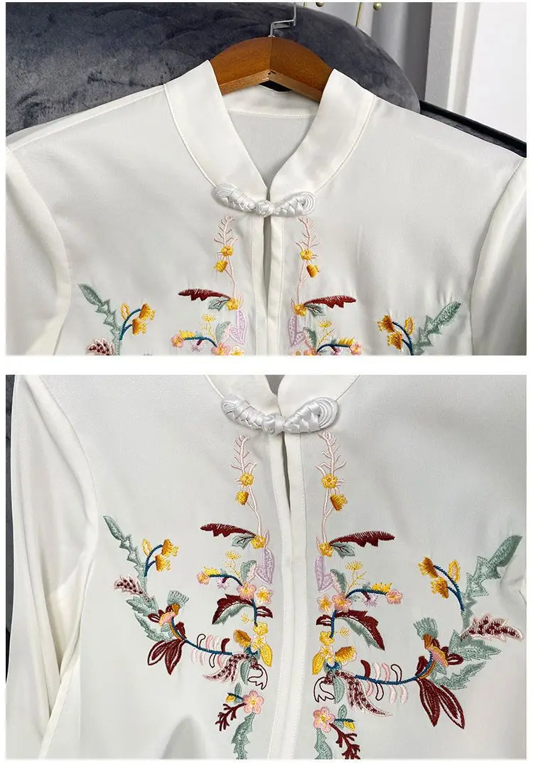 French Simulation Silk Shirt with a Female Design Sense Heavy Industry Embroidery Commuting Retro Chinese Style Button Tops