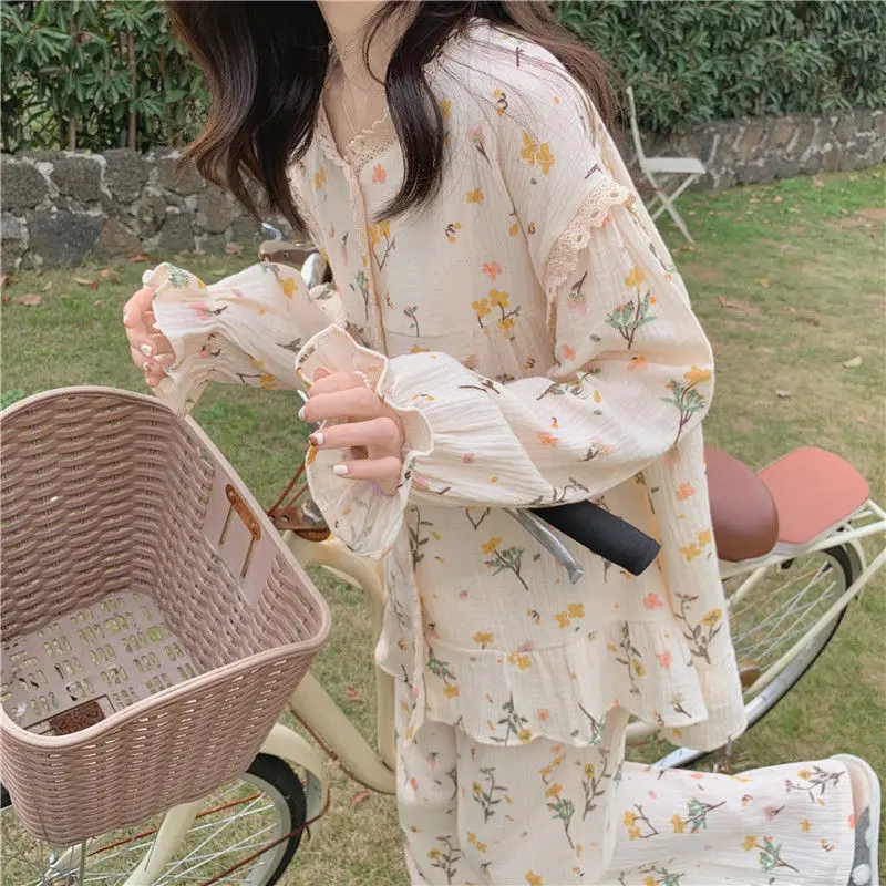 Floral Sleepwear Women Pajama Sets Korean Piiama Ruffles Night Wears Autumn Pants Sets 2 Pieces Lace Long Sleeve Home Suit New