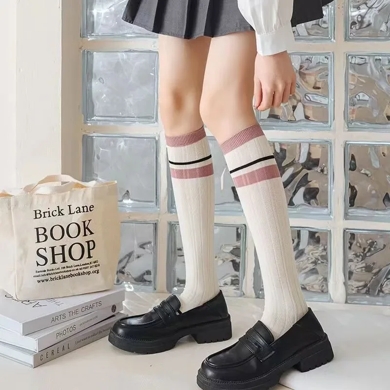 Women Knitting Cotton Stockings School Students Striped Knee Socks Women Sweet Girls Kawaii Long Socks Stockings Japanese Style