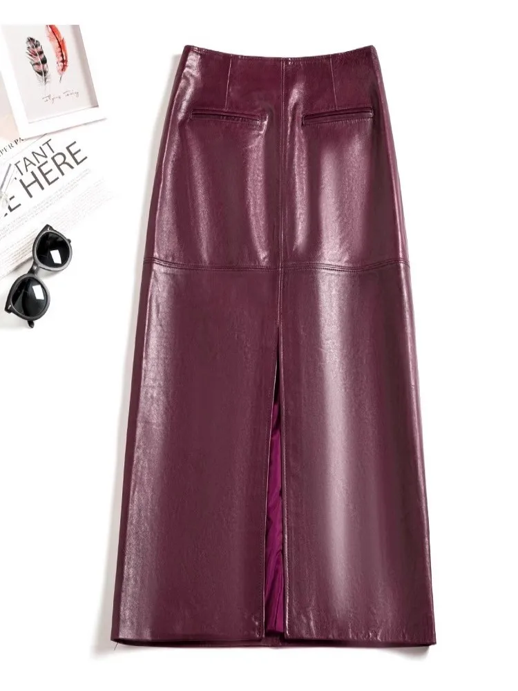 Elegante Büro Damen Schaffell Echtes Leder Langen Rock Hohe Taille Einfarbig Zurück Split Mode Frauen A-linie Röcke S-4XL