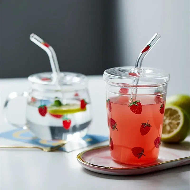 Kawaii Strawberry Glass Mug with Straw Creative High Temperature Resistance Clear Glass Water Cups Household Milk Juice Tumbler