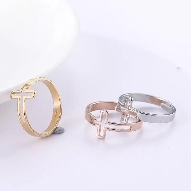 

10 Pieces Stainless Steel Personalized Cross Hollow Adjustable Size Couple Ring Festival Souvenir Fashion Jewelry for Women