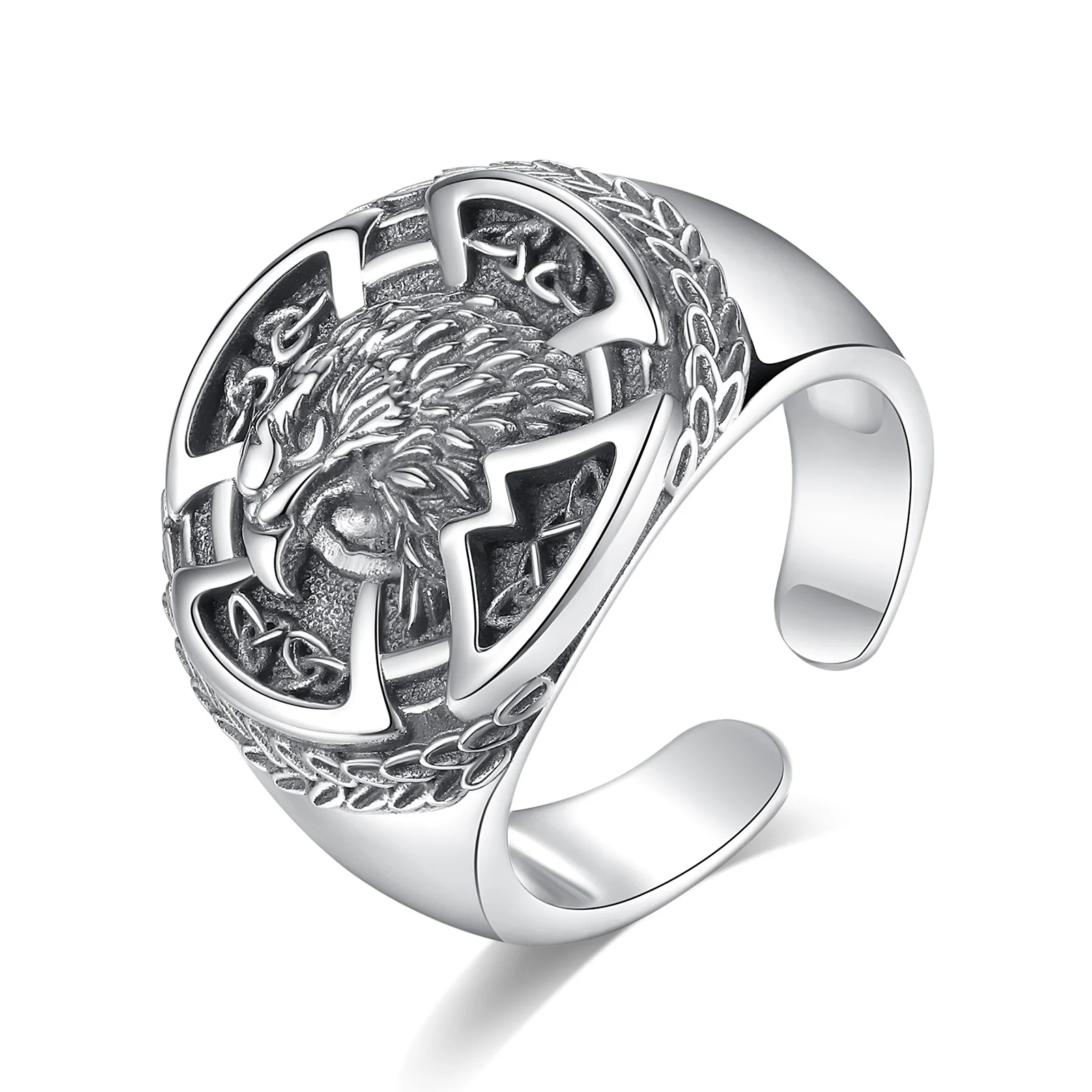 Eudora Verstellbarer Wikinger-Wolf-Ring aus 925er-Sterlingsilber für Männer und Frauen, Vintage-Stil, nordischer Valknut-Amulett-Siegelring, Punk-Schmuck, Geschenk
