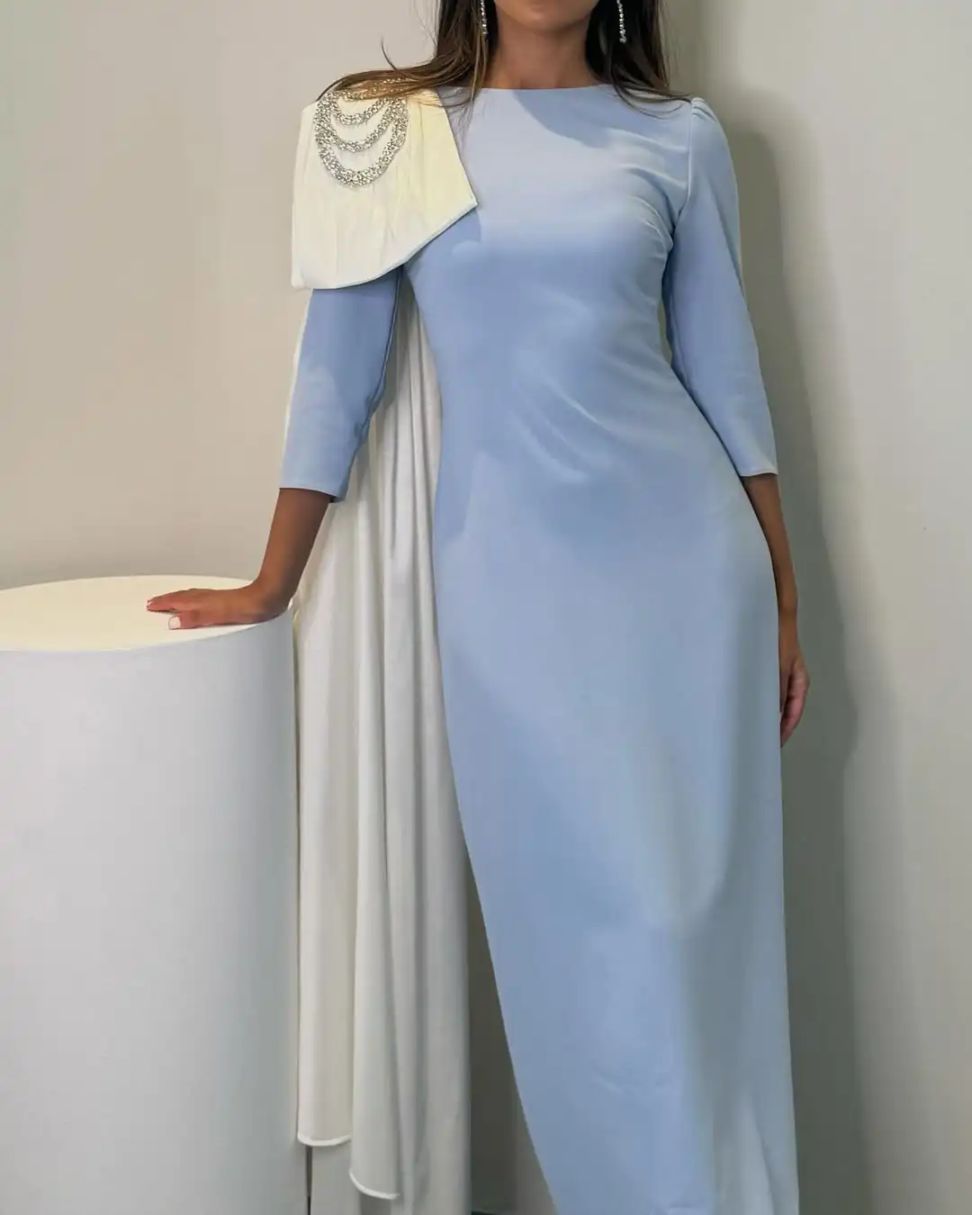 

Customized Long Sleeves Evening Dresses Pleated Beadings O-Neck Prom Dresses Ankle Length Vestidos De Noches Party Gowns