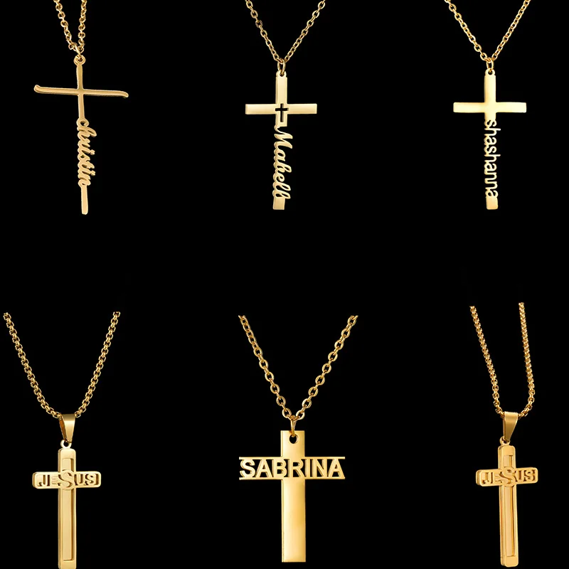 Spark Personalized Letter Cross Necklaces Stainless Steel Gold Color Custom Name Necklace For Women Birthday Jewelry Gift