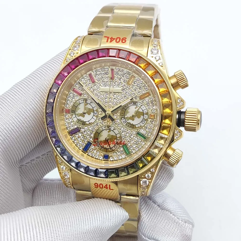 2026 Parnsrpe VK63 Men\'s Luxury Watch Iced Out Full Diamond Rainbow Bezel Chronograph Mechanical Watch Business Gift