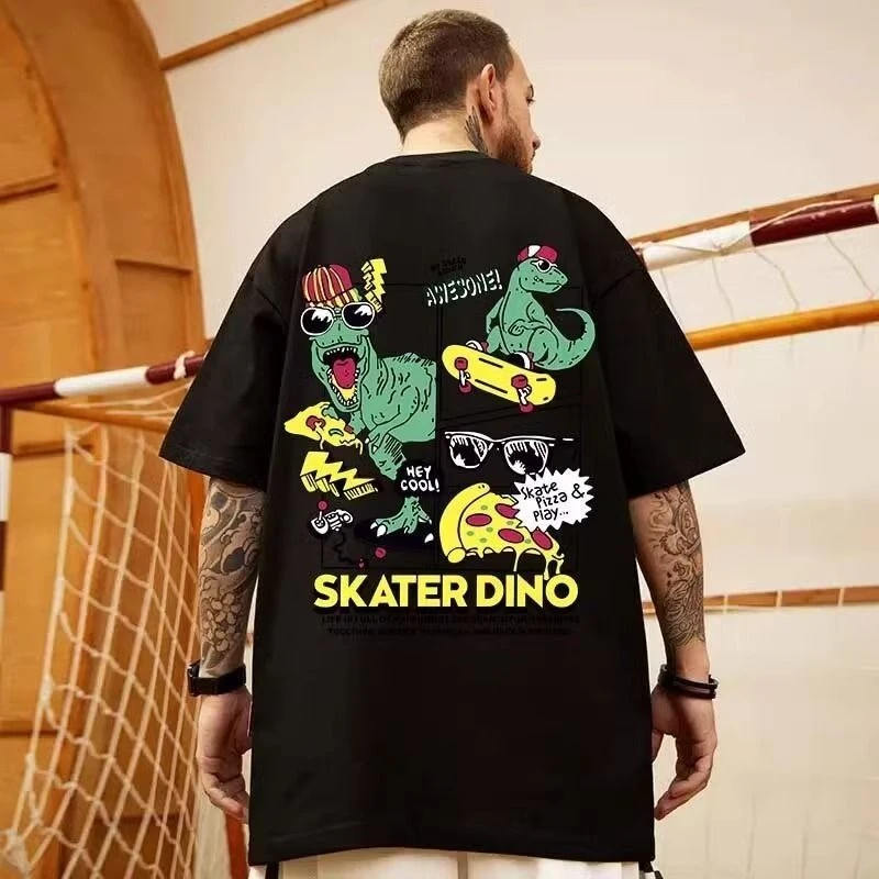 

Large Size 300 Pou Cartoon Dinosaur Skateboard Pattern Pure Cotton T-irt ex Summer Trendy Street Sle ort Sve Top