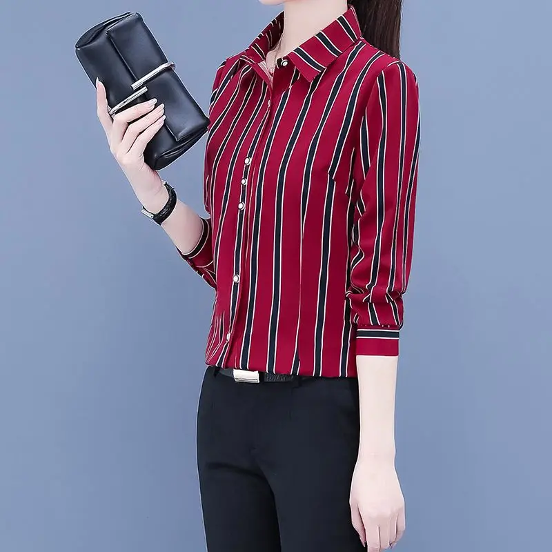 Gestreepte Afdrukken Vrouwen Kleding 2023 Nieuwe Lange Mouwen Slim Dames Tops Lente Polo Kraag Mode Mode Knop Chiffon Overhemd