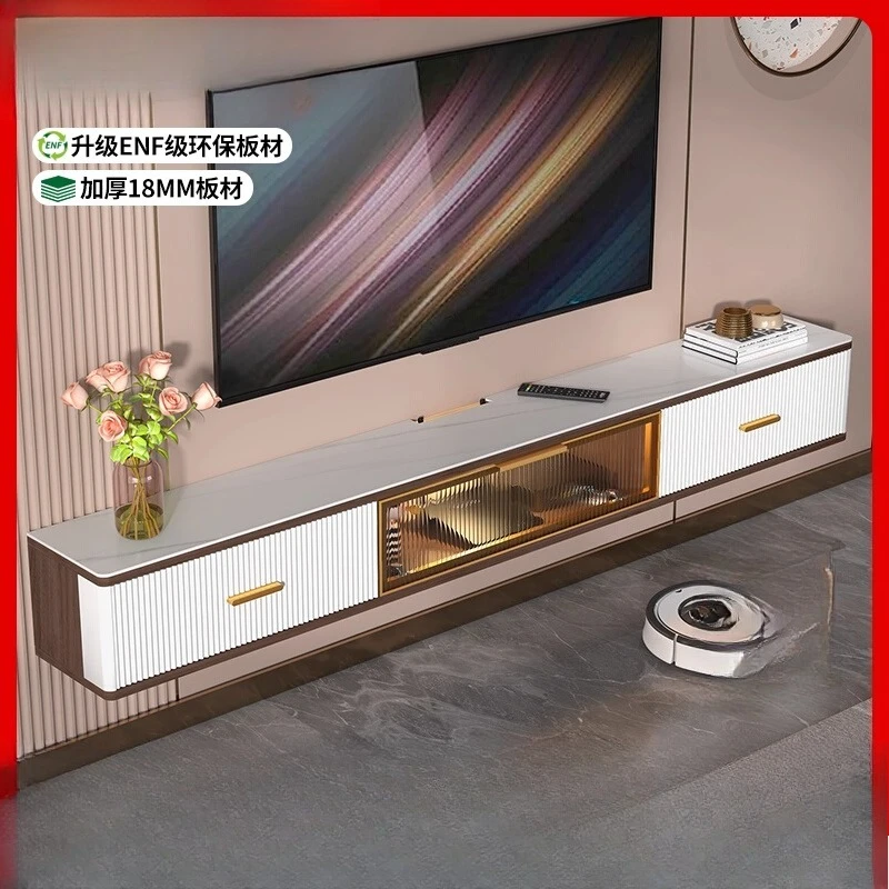 

Light luxury suspended TV cabinet wall-mounted simple walnut color living room hanging cabinet rock slab background wall storage