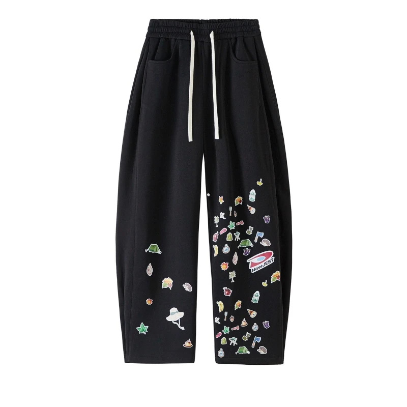 Men's Retro Breathable Printed Oversized Sweatpants With Elastic Waistband And Loose Pattern For Spring And Autumn Casual Pants