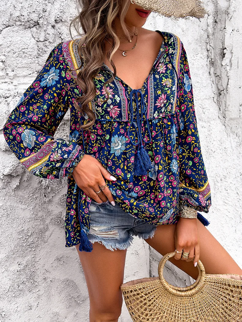 Fitaylor Spring Autumn Women Floral Print Top Casual Lady V-neck Puff Sleeve Loose Top Holiday Beach Top