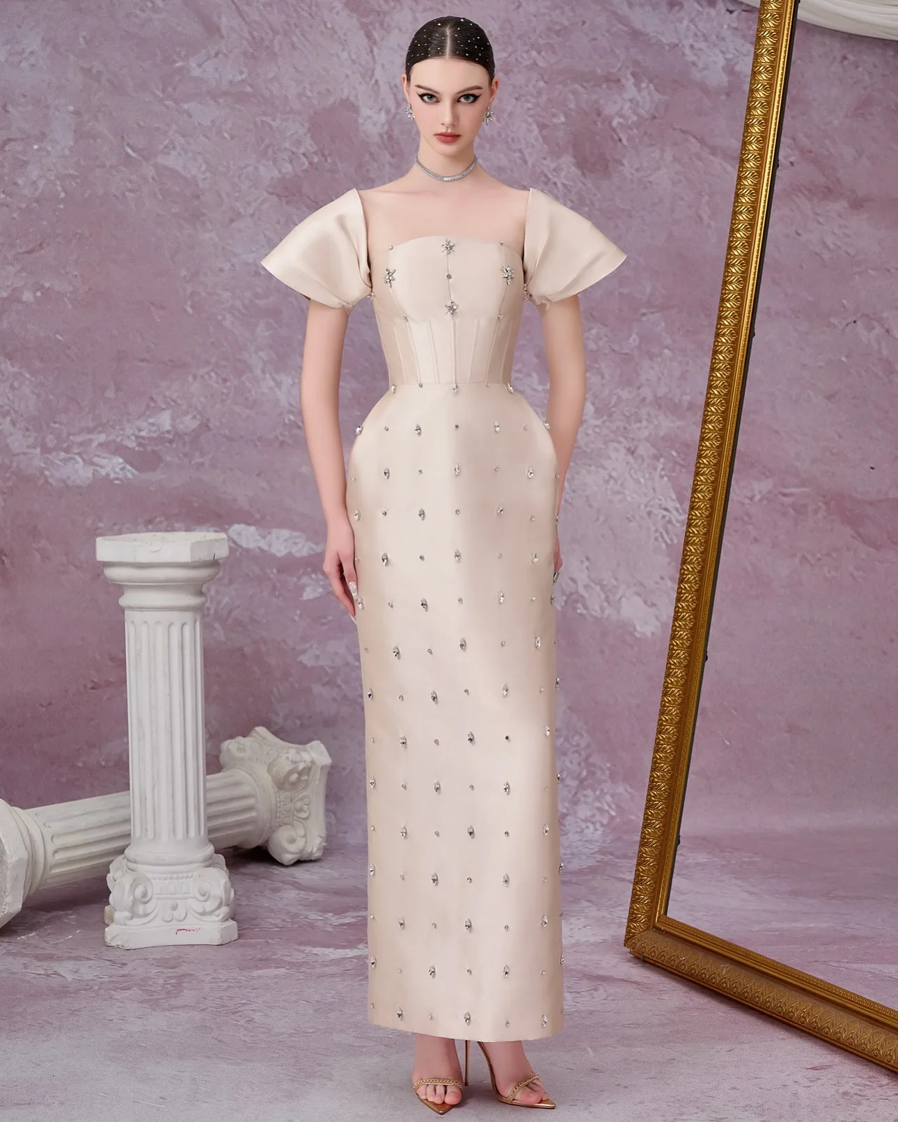 사용자 정의 절묘한 크리스탈 이브닝 드레스 기질 스트레이트 백 슬릿 연예인 가운 섬세한 분리형 슬리브 파티 드레스