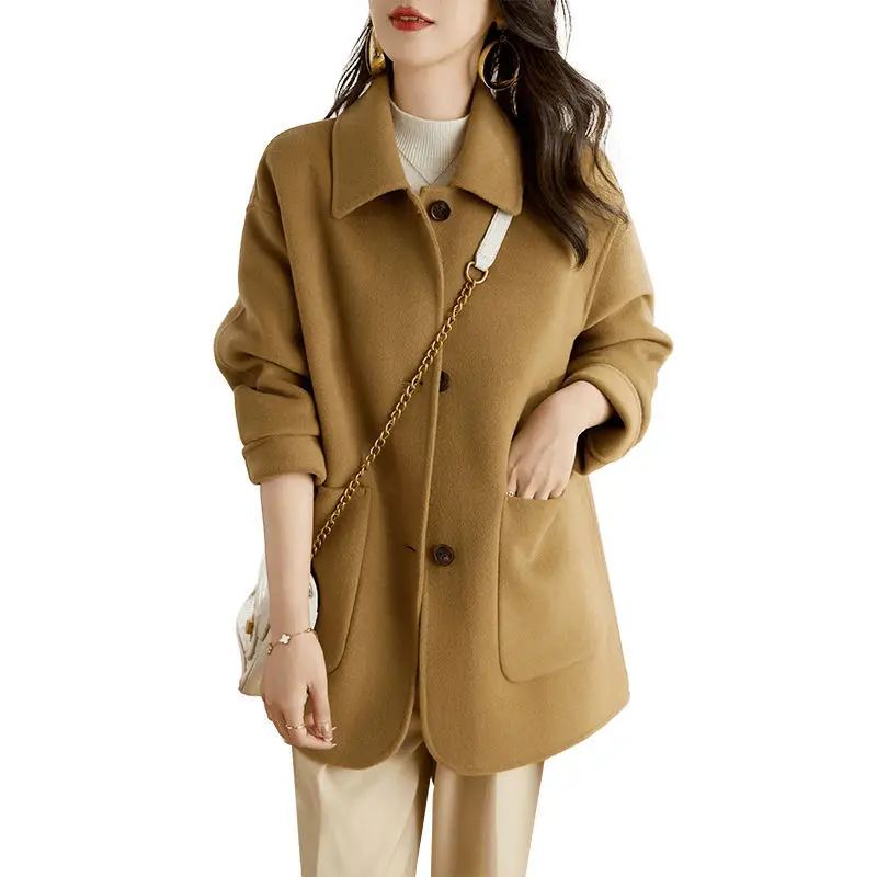 Women Wool Mid Length Coats Jackets Blends Turn Down Collar Coat Solid Y2k Streetwear Jacket Work Outerwear Autumn Winter