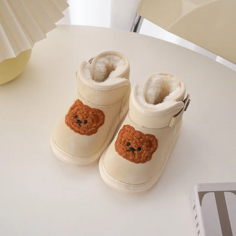 2024 New Children Snow Boots Cartoon Bear Embroidery Thick Fleece Winter Boot Boys Girls Toddler Shoes Fashion Korean Kids Boots