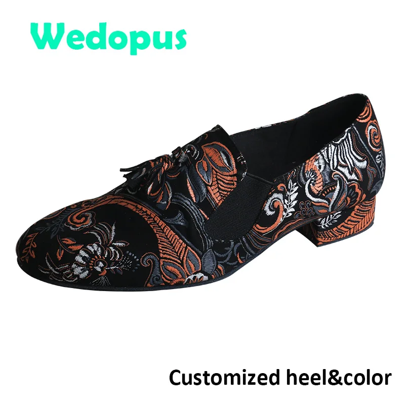 Wedopus Customized Mens Salsa Social Dance Shoes Soft Suede Sole Printed Suede Ballroom Shoes for Dancing