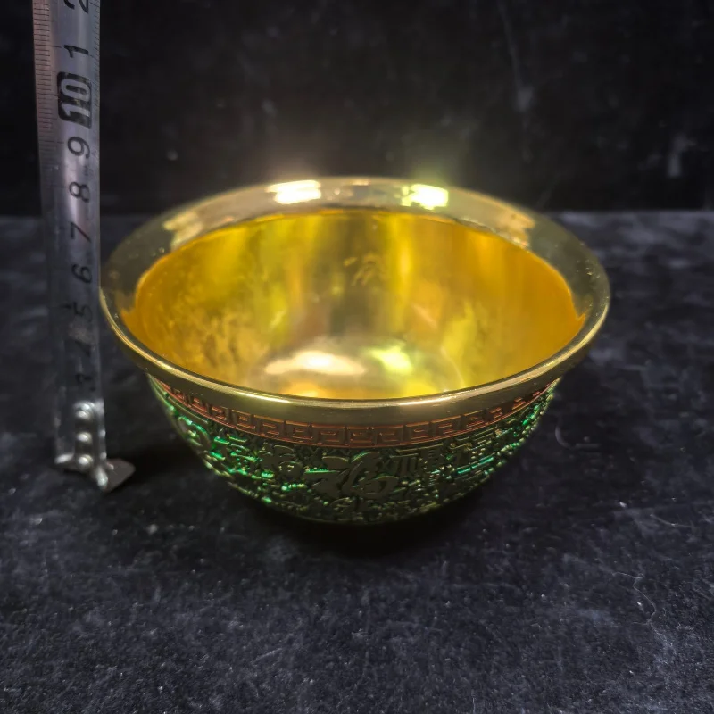 Antique-Style Hand-Painted Hundred Blessings Gold Bowl Chinese Style Ornament Metal Craft Office Wealth-Attracting