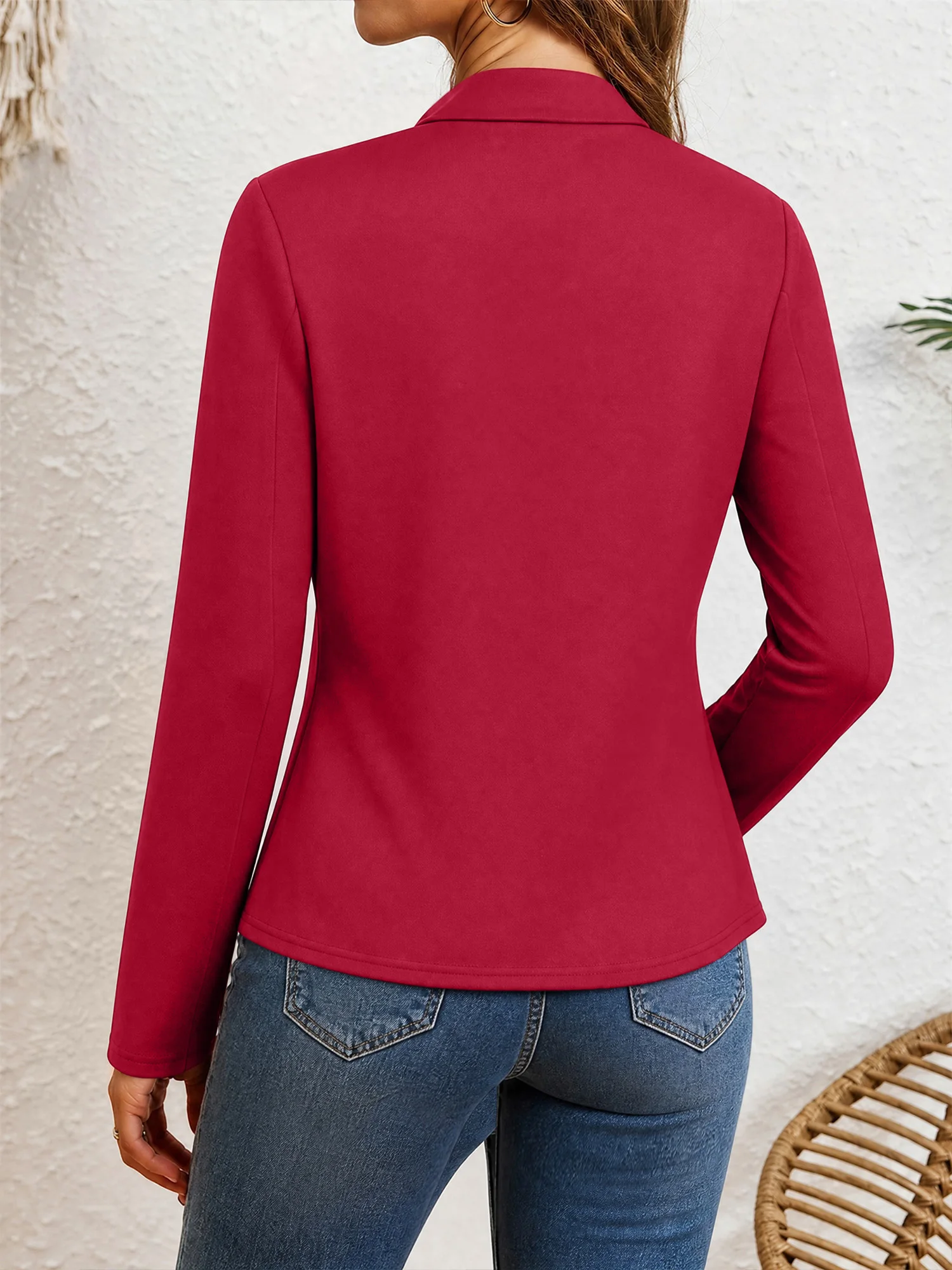 Ladies No Button Mandarin Collar Blazer Long Sleeve Slim Office Casual Suit Coat Solid Red Open Front Outerwear Jacket