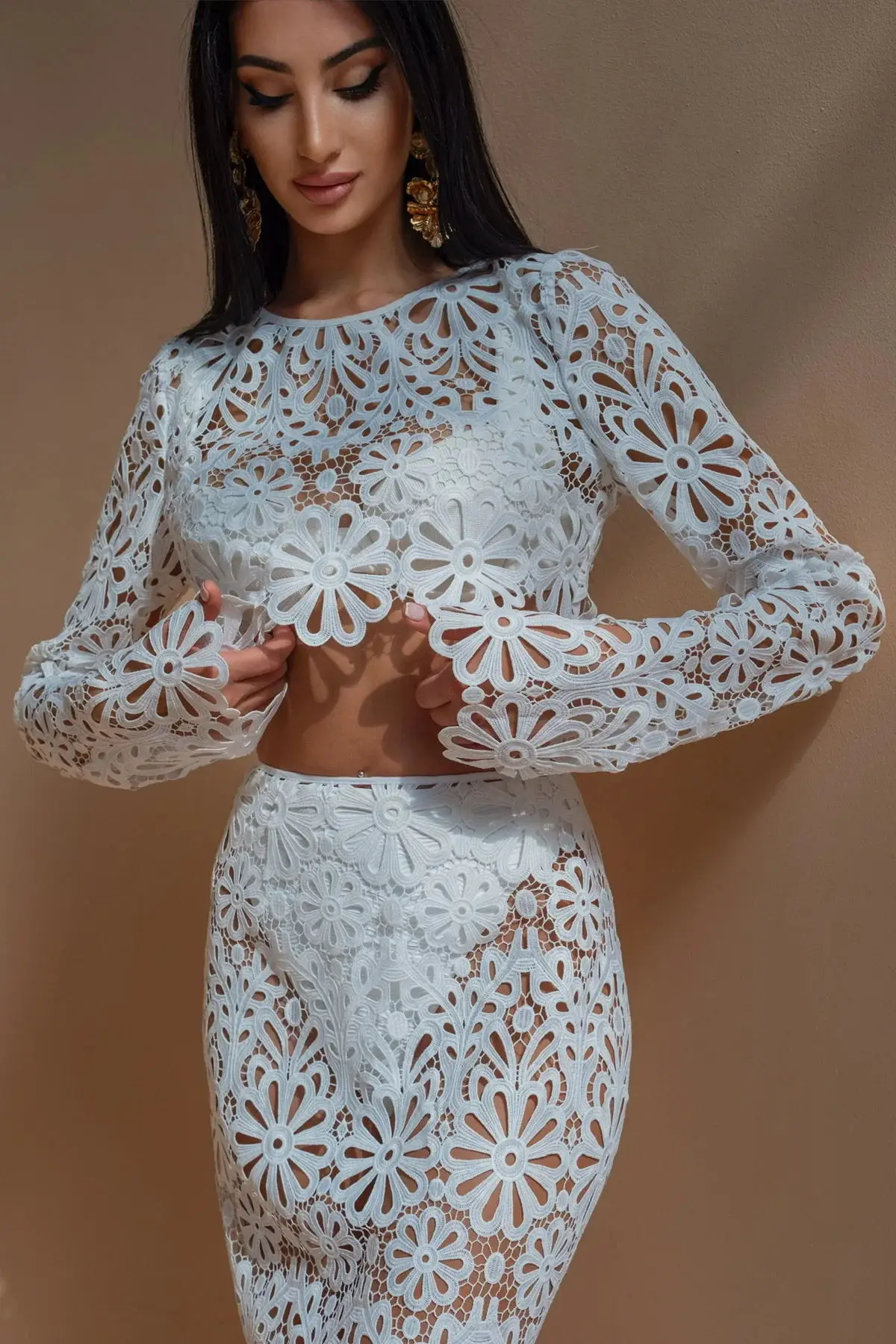 Weiß Elegante Stickerei Aushöhlen Strand Kleider Set Sexy Durchsichtig Crop Tops Lange Röcke Frauen Sets Sommer Frauen Outfits – Detail 16