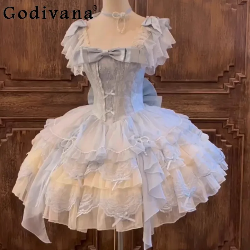 

Blue Ballet Style Embroidered Lolita Dress with Bow Women Cute Sweet Elegant Lolita Puffy Dress Female Japanese Princess Dress