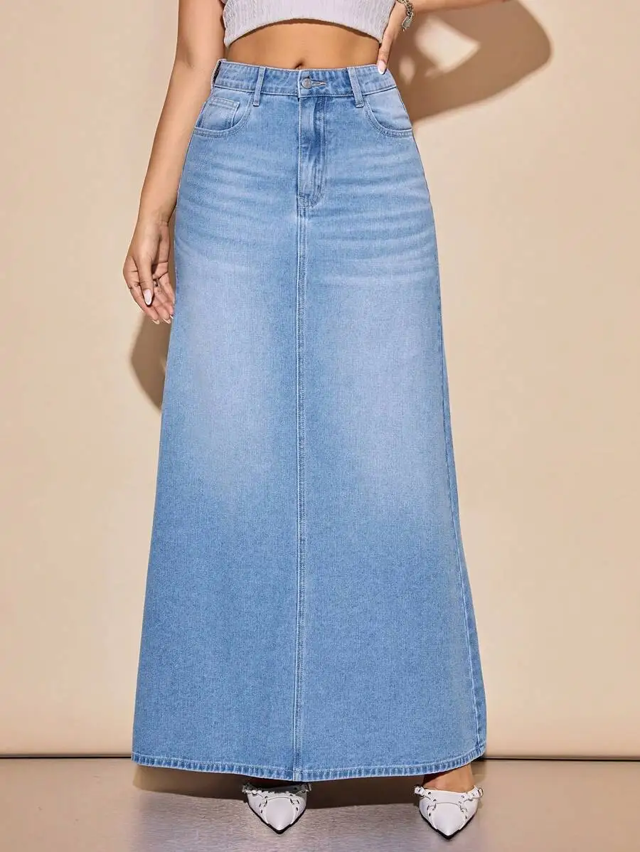 

Women's High Waist A-Line Extra Long Denim Skirt with Pockets