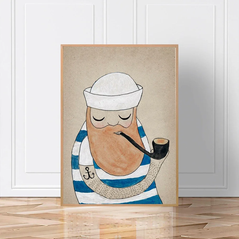 Funny sailor long beard poster cute man biting pipe art hand-painted canvas painting bedroom children's room wall decoration pic