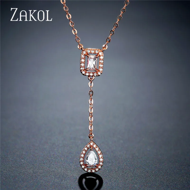 ZAKOLSimple square drop-shaped zirconia pendant Charm necklace fashion jewelry wedding for bride  Gift For Girlfriend FSNP2068