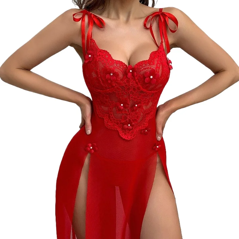 Sexy Blütenblatt-Verziertes Langes Kleid Hohe Schlitze auf Beiden Seiten Trägerloses Langes Nachthemd Sexy Dessous Damen Pyjama-Kleid