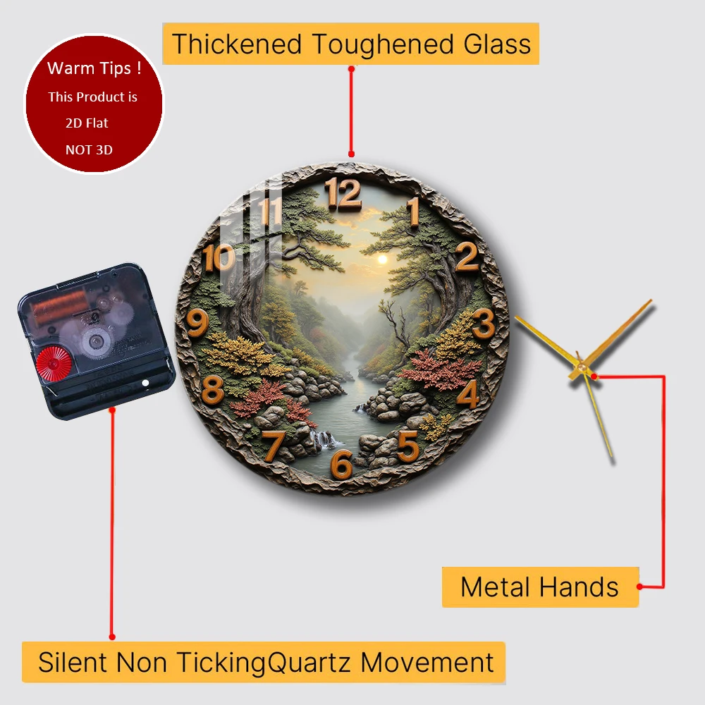 Tempered Glass Wall Clock Mountain River Scenery Clock Suitable For Wall Decor or Tabletop Display Anywhere