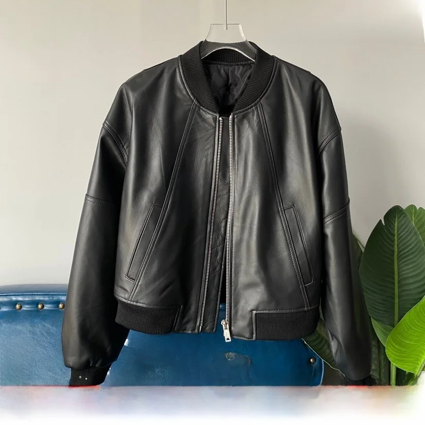 Damska kurtka bejsbolówka ze skóry naturalnej, luźny krój, wyszczuplająca, nowość zima 2023, ocieplana bawełną, mały rozmiar, odzież wierzchnia.