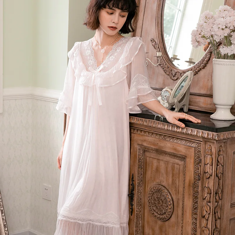 Vintage Nightgown Women Summer Girl Romantic Night Dress Fairy Mesh Lace Princess Sleepwear Victorian Long Peignoir Lady Nightie