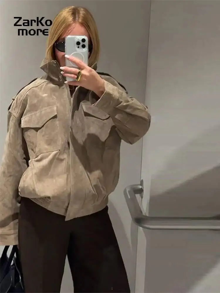 

Модная свободная замшевая куртка цвета хаки, женское пальто на молнии с лацканами и длинными рукавами, карманами, весна-осень 2024, винтажные уличные топы
