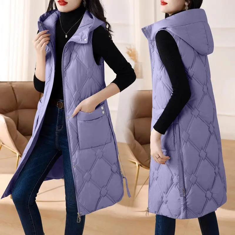 

Autumn And Winter Long Cotton Waistcoat Jacket Fashionable Hooded Large Size Thickened Down Cotton Vest Women's Outerwear Z3698