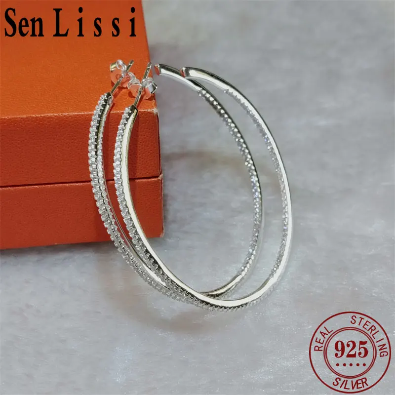 

SENLISSI-Cuff Hoop Earrings For Women 925 Sterling Silver Zircon Simple Fine Cерьги Kольц Wedding Statement Jewelry C0027