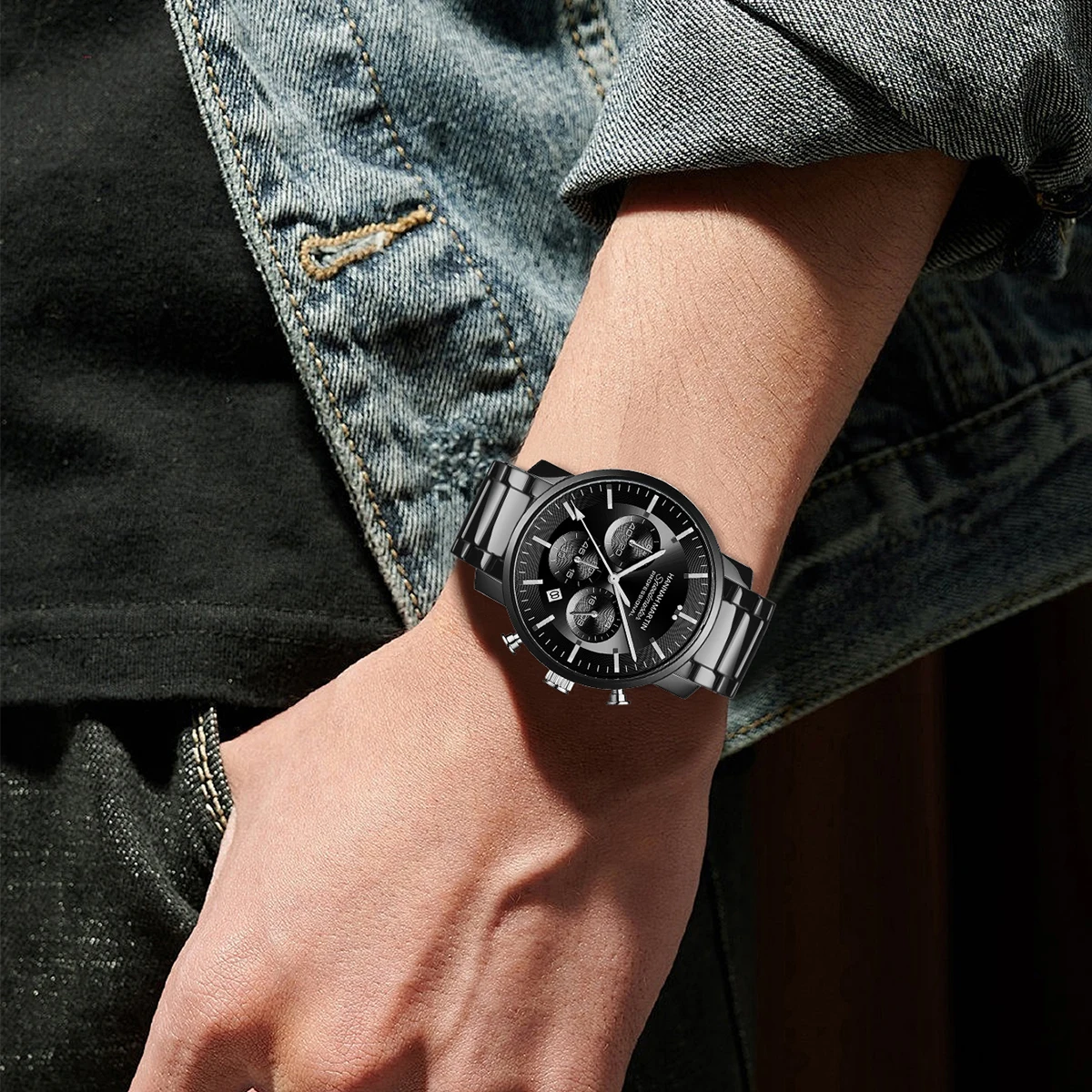 هانا مارتن العلامة التجارية الأعلى ساعة رجالية وعاء من الستانليس ستيل الأسود 46 مللي متر متعددة الوظائف توقيت الرياضة حركة كوارتز 3Bar ساعة مقاومة للماء