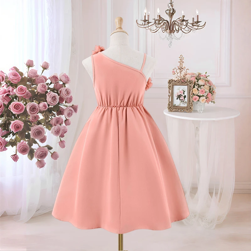 Spring And Summer Women's And Children's Casual Elegant Single Shoulder Suspender Three-Dimensional Flower Fluffy Dress