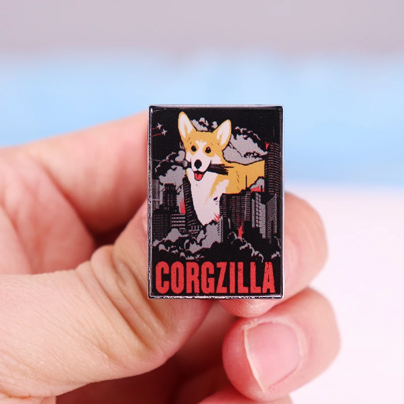 Corgzilla Giant Corgi In The City enamel pin metal badge Anime movie brooches