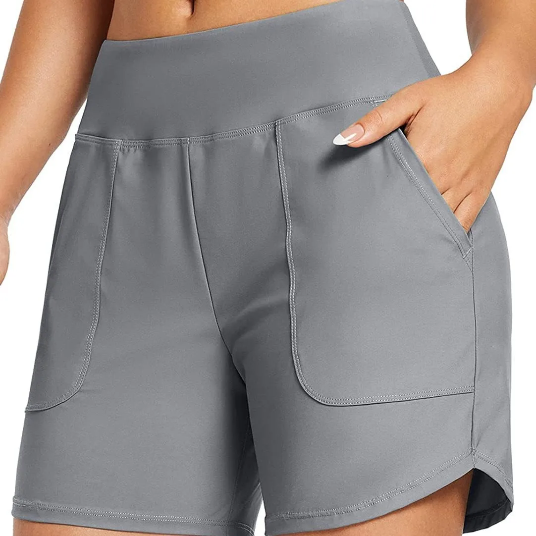 Women's Quick Dry Running Shorts Breathable Mesh Panel High Waist Athletic Gym Training Shorts With Side Pockets Short Pants