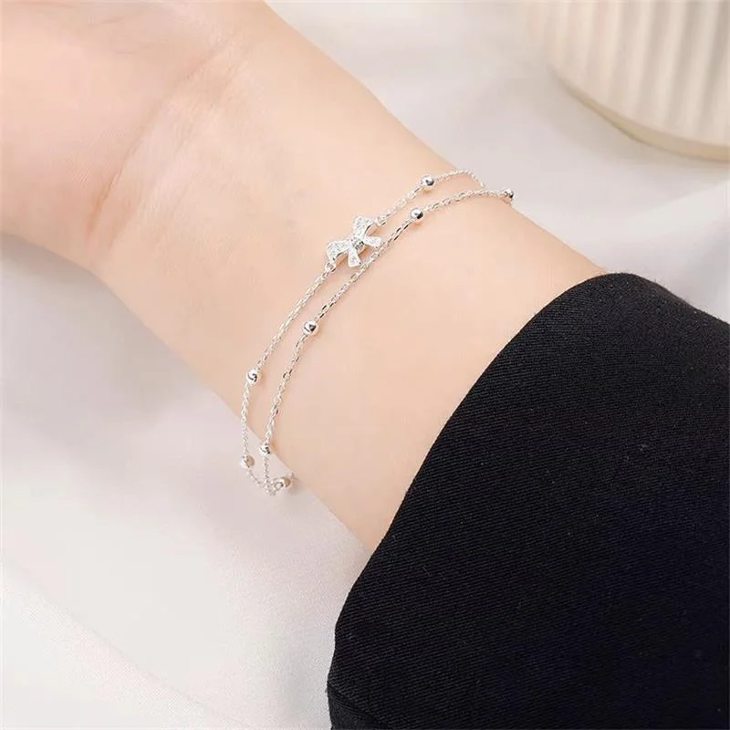 Korean Delicate Double Layer Bracelet For Women Girls Cute Bow Knot Star Moon Shiny Zirconia Adjustable Chain Bangles Jewelry