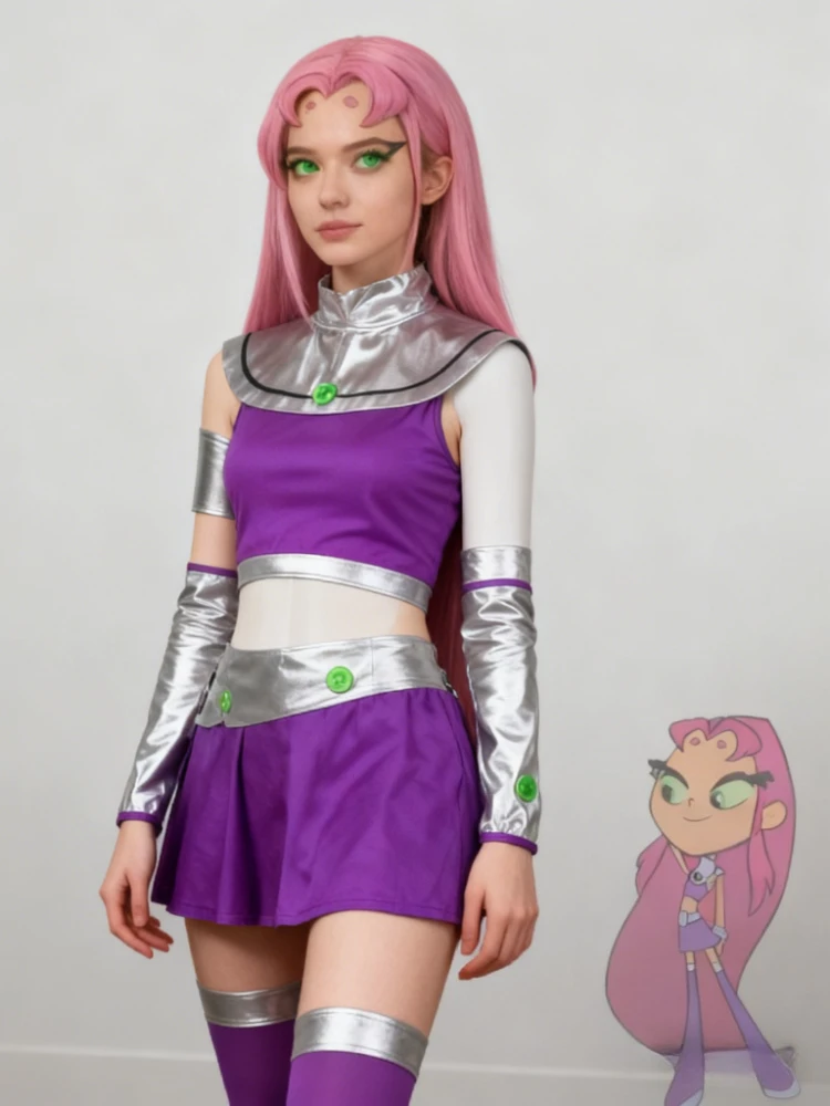 Starfire Cosplay Costume Cartoon Teen Titans Go Princess Koriand\'r Purple Skirt Dress Up with Gloves Socks for Halloween Party