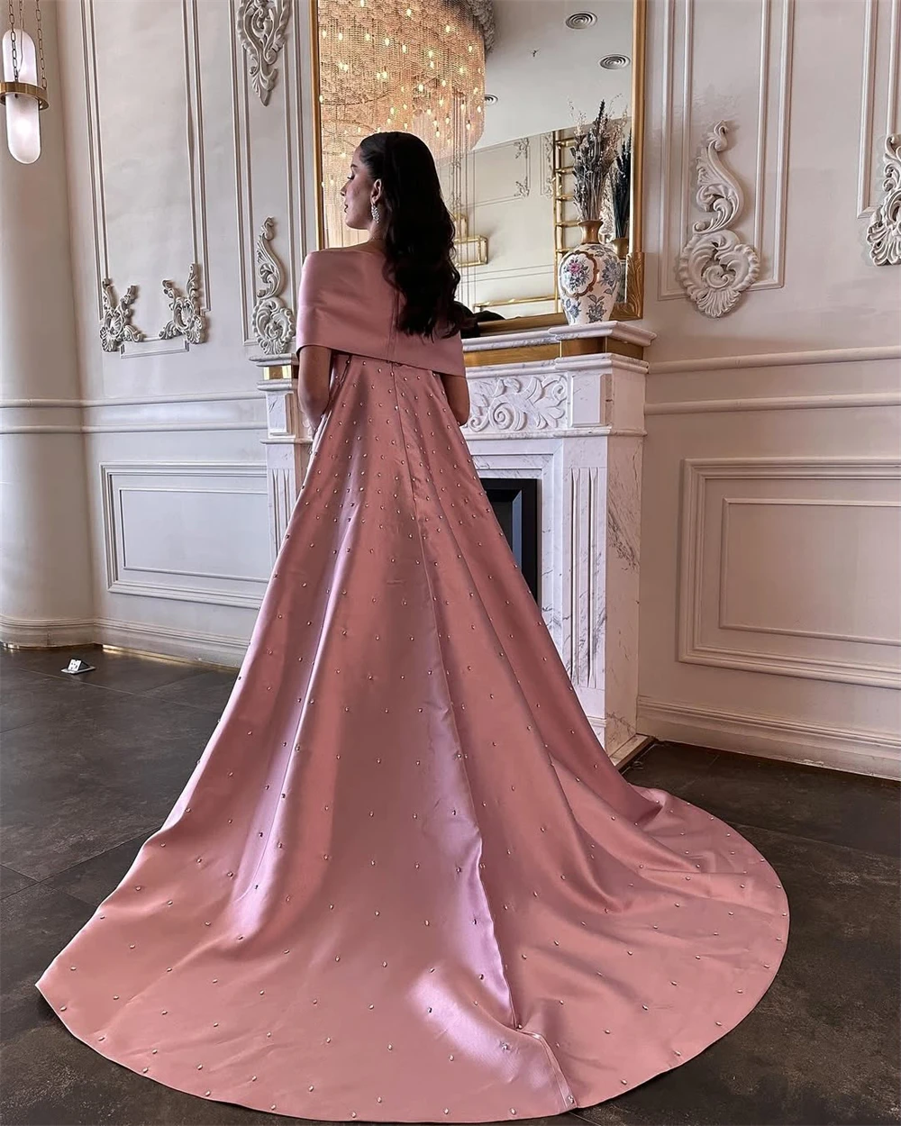 Customized Classic Pink Satin Evening Dress Formal V-Neck Off the Shoulder Party Dress Graceful A-Line Court Train Prom Dresses