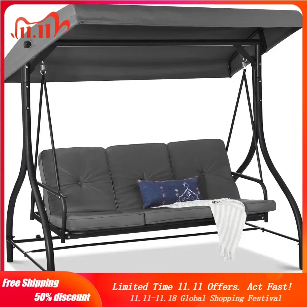 

3-Seat Outdoor Large Converting Canopy Swing Glider, Patio Hammock Lounge Chair for Porch, Backyard